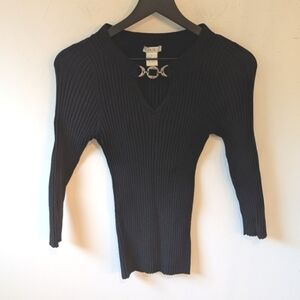 VTG 90s y2k Cache Women's Black Ribbed Silk Stretch Shirt Silver Detail Large